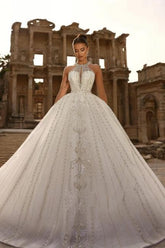 Dressystars White Wedding Dress Halter A Line Sleeveless Sequined Lace Ball Gown Tulle Bridal Gown With Appliques