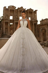 Dressystars White Wedding Dress Halter A Line Sleeveless Sequined Lace Ball Gown Tulle Bridal Gown With Appliques