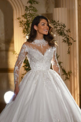 Dressystars White Wedding Dress High Neck A Line Sleeves Ball Gown Cathedral Train Lace Bridal Gown With Sequins