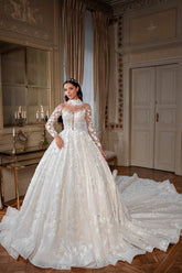 Dressystars White Wedding Dress High Neck Ball Gown Beaded Sleeves Cathedral Train Lace Bridal Gown With Appliques