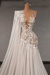 Dressystars White Wedding Dress Lace A Line Beaded Asymmetrical One Shoulder Cap Sleeves Chiffon Bridal Gown With Pearls