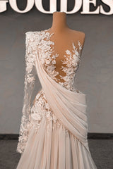 Dressystars White Wedding Dress Lace A Line One Shoulder Sleeves Beaded Sweep Train Chiffon Ruffle Bridal Gown With Pearls