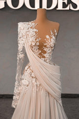 Dressystars White Wedding Dress Lace A Line One Shoulder Sleeves Beaded Sweep Train Chiffon Ruffle Bridal Gown With Pearls