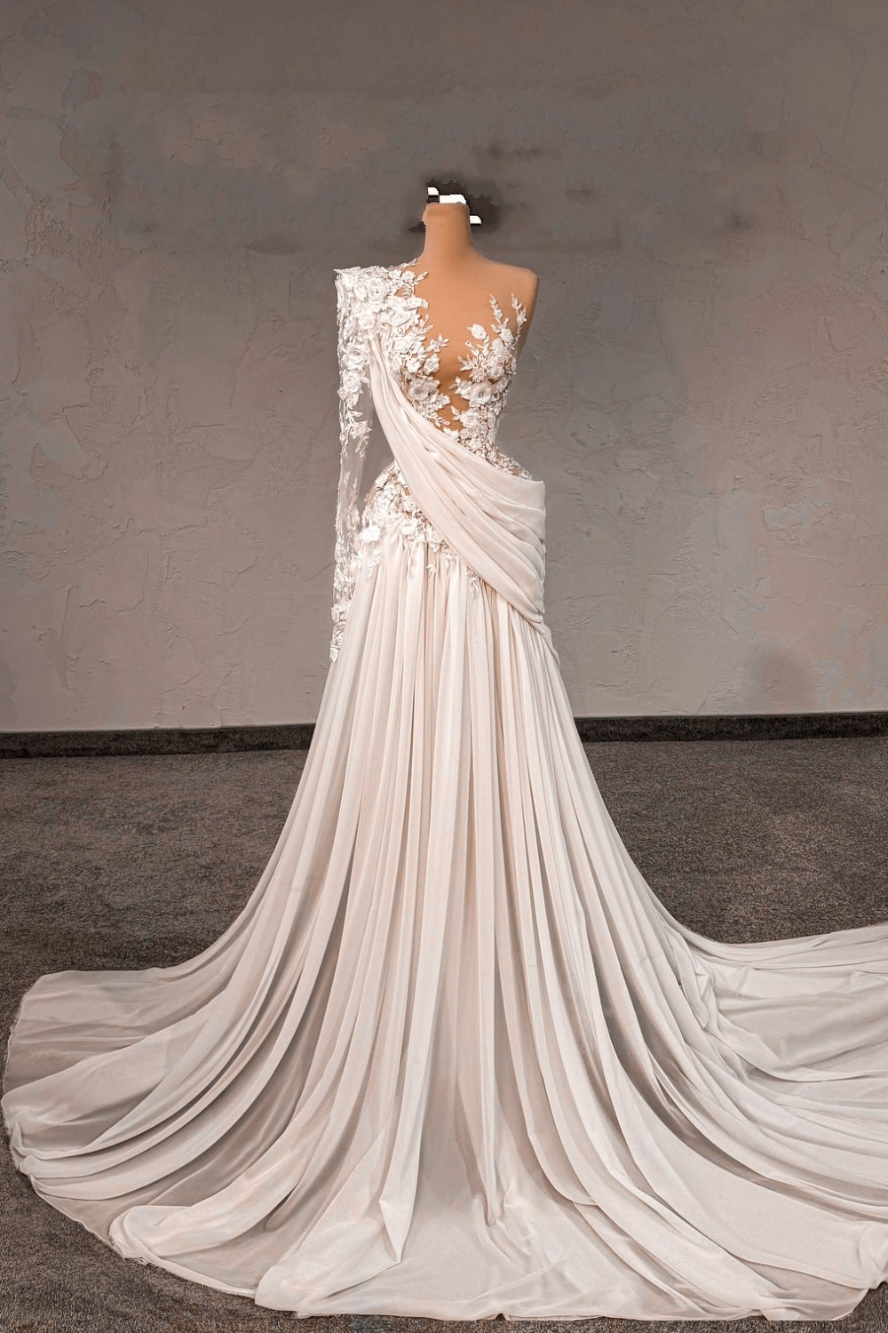 Dressystars White Wedding Dress Lace A Line One Shoulder Sleeves Beaded Sweep Train Chiffon Ruffle Bridal Gown With Pearls
