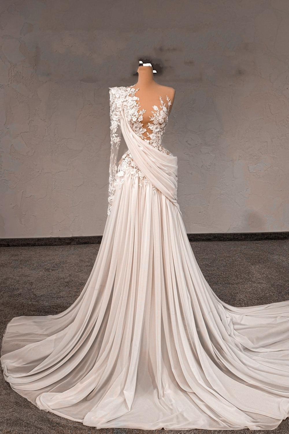 Dressystars White Wedding Dress Lace A Line One Shoulder Sleeves Beaded Sweep Train Chiffon Ruffle Bridal Gown With Pearls