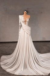 Dressystars White Wedding Dress Lace A Line One Shoulder Sleeves Beaded Sweep Train Chiffon Ruffle Bridal Gown With Pearls