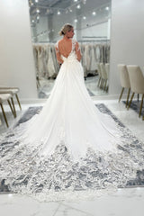 Dressystars White Wedding Dress Lace A Line V Neck Backless Sleeves Cathedral Train Chiffon Bridal Gown