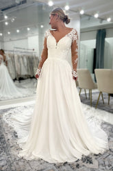 Dressystars White Wedding Dress Lace A Line V Neck Backless Sleeves Cathedral Train Chiffon Bridal Gown