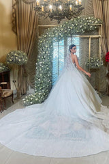 Dressystars White Wedding Dress Lace Ball Gown Strapless Sleeveless Ruffles Sequined Cathedral Train Bridal Gown