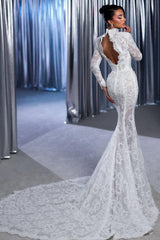 Dressystars White Wedding Dress Lace Mermaid High Neck Sleeves Sweep Train Tulle Bridal Gown