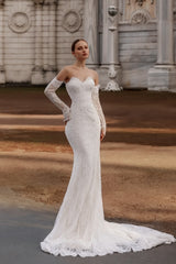 Dressystars White Wedding Dress Lace Mermaid Strapless Sequined Sleeveless Panel Train Bridal Gown With Appliques