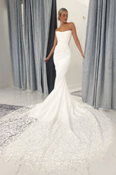 Dressystars White Wedding Dress Lace Mermaid Sweetheart Strapless Sleeveless Cathedral Train Ruffle Satin Bridal Gown