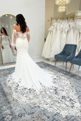 Dressystars White Wedding Dress Lace Mermaid V Neck Off The Shoulder Sleeves Cathedral Train Satin Bridal Gown