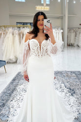 Dressystars White Wedding Dress Lace Mermaid V Neck Off The Shoulder Sleeves Cathedral Train Satin Bridal Gown