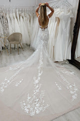 Dressystars White Wedding Dress Lace Mermaid V Neck Spaghetti Strap Tulle Bridal Gown With Appliques