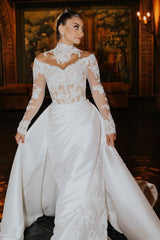 Dressystars White Wedding Dress Mermaid High Neck Lace Satin Ruffle Detachable Panel Train Bridal Gown With Appliques