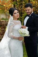Dressystars White Wedding Dress Mermaid High Neck Lace Sleeves Sequined Tulle Bridal Gown With Appliques