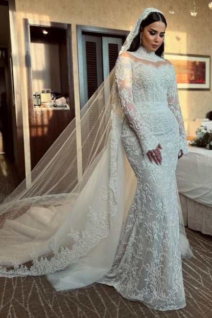 Dressystars White Wedding Dress Mermaid High Neck Sequined Sleeve Panel Train Lace Bridal Gown With Appliques