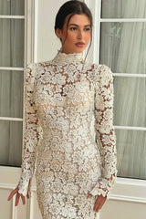 Dressystars White Wedding Dress Mermaid High Neck Sleeves Floor Length Lace Bridal Gown With Pearls
