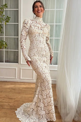 Dressystars White Wedding Dress Mermaid High Neck Sleeves Floor Length Lace Bridal Gown With Pearls