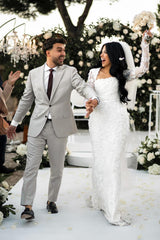 Dressystars White Wedding Dress Mermaid Lace Square Sleeves Beaded Bridal Gown With Pearls