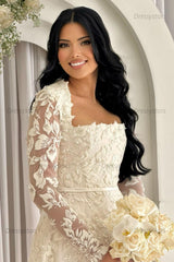 Dressystars White Wedding Dress Mermaid Lace Square Sleeves Beaded Bridal Gown With Pearls