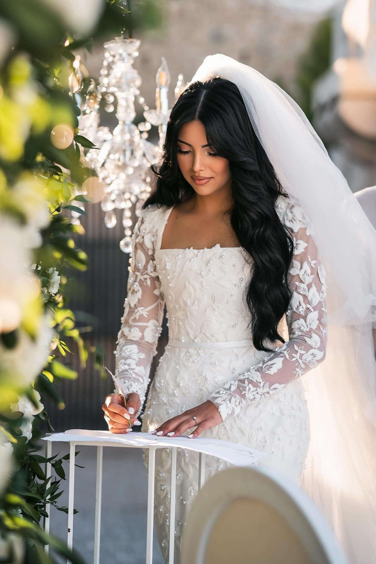 Dressystars White Wedding Dress Mermaid Lace Square Sleeves Beaded Bridal Gown With Pearls