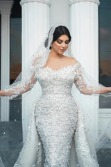 Dressystars White Wedding Dress Mermaid Off The Shoulder Beaded Sequined Detachable Panel Train Tulle Bridal Gown