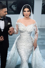 Dressystars White Wedding Dress Mermaid Off The Shoulder Beaded Sequined Detachable Panel Train Tulle Bridal Gown