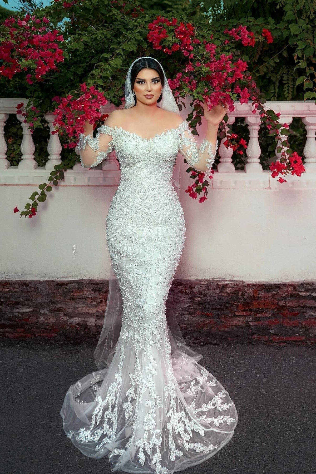 Dressystars White Wedding Dress Mermaid Off The Shoulder Beaded Sequined Detachable Panel Train Tulle Bridal Gown