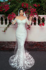 Dressystars White Wedding Dress Mermaid Off The Shoulder Beaded Sequined Detachable Panel Train Tulle Bridal Gown