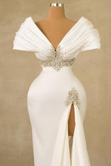 Dressystars White Wedding Dress Mermaid Off The Shoulder Jewels Bridal Gown With Slit