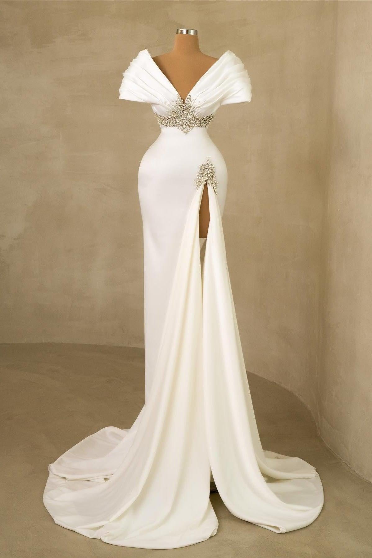 Dressystars White Wedding Dress Mermaid Off The Shoulder Jewels Bridal Gown With Slit