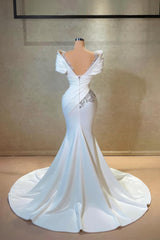 Dressystars White Wedding Dress Mermaid Off The Shoulder Lace Satin Bridal Gown With Rhinestones