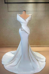 Dressystars White Wedding Dress Mermaid Off The Shoulder Lace Satin Bridal Gown With Rhinestones