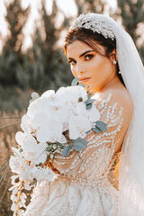 Dressystars White Wedding Dress Mermaid Off The Shoulder Sleeves Beaded Detachable Train Tulle Bridal Gown With Peals