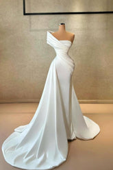 Dressystars White Wedding Dress Mermaid One Shoulder Satin Sleeveless Bridal Gown