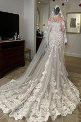 Dressystars White Wedding Dress Mermaid Sleeves High Neck Lace Cathedral Train Tulle Bridal Gown
