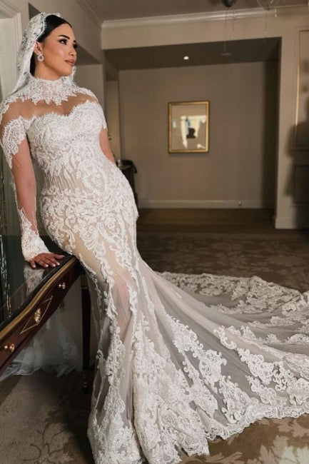Dressystars White Wedding Dress Mermaid Sleeves High Neck Lace Cathedral Train Tulle Bridal Gown