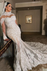 Dressystars White Wedding Dress Mermaid Sleeves High Neck Lace Cathedral Train Tulle Bridal Gown