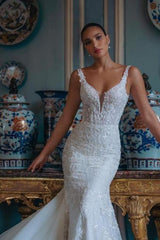 Dressystars White Wedding Dress Mermaid Spaghetti Strap Backless Lace Tulle Bridal Gown With Appliques