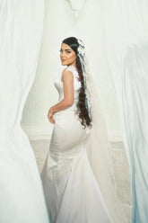 Dressystars White Wedding Dress Mermaid Spaghetti Strap Square Sleeveless Sweep Train Satin Bridal Gown With Appliques