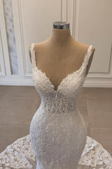 Dressystars White Wedding Dress Mermaid Spaghetti Strap V Neck Beaded Lace Sweep Train Tulle Bridal Gown