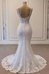 Dressystars White Wedding Dress Mermaid Spaghetti Strap V Neck Beaded Lace Sweep Train Tulle Bridal Gown