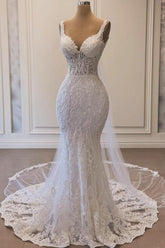Dressystars White Wedding Dress Mermaid Spaghetti Strap V Neck Beaded Lace Sweep Train Tulle Bridal Gown