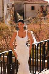 Dressystars White Wedding Dress Mermaid Spaghetti Straps Lace Beaded Satin Chapel Train Bridal Gown With Appliques