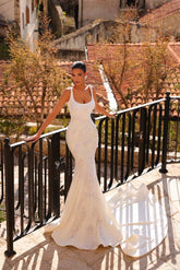 Dressystars White Wedding Dress Mermaid Spaghetti Straps Lace Beaded Satin Chapel Train Bridal Gown With Appliques