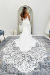 Dressystars White Wedding Dress Mermaid Spaghetti Straps Lace Chapel Train Satin Bridal Gown With Appliques