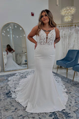 Dressystars White Wedding Dress Mermaid Spaghetti Straps Lace Chapel Train Satin Bridal Gown With Appliques