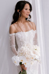 Dressystars White Wedding Dress Mermaid Strapless Off The Shoulder Beaded Lace Sleeves Cathedral Train Tulle Bridal Gown